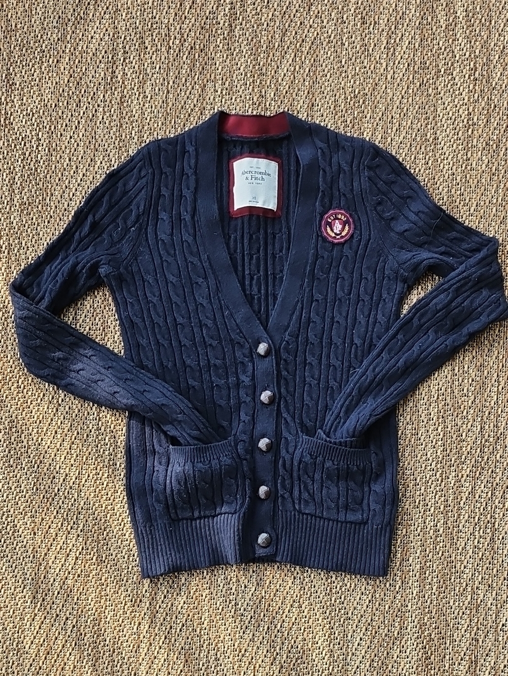 Vintage Abercrombie & Fitch Navy Cable-Knit Button Cardigan with Crest